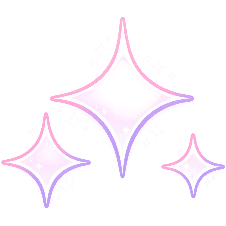 Three stylized four-pointed stars with pink and purple gradient outlines and tiny surrounding sparkles.