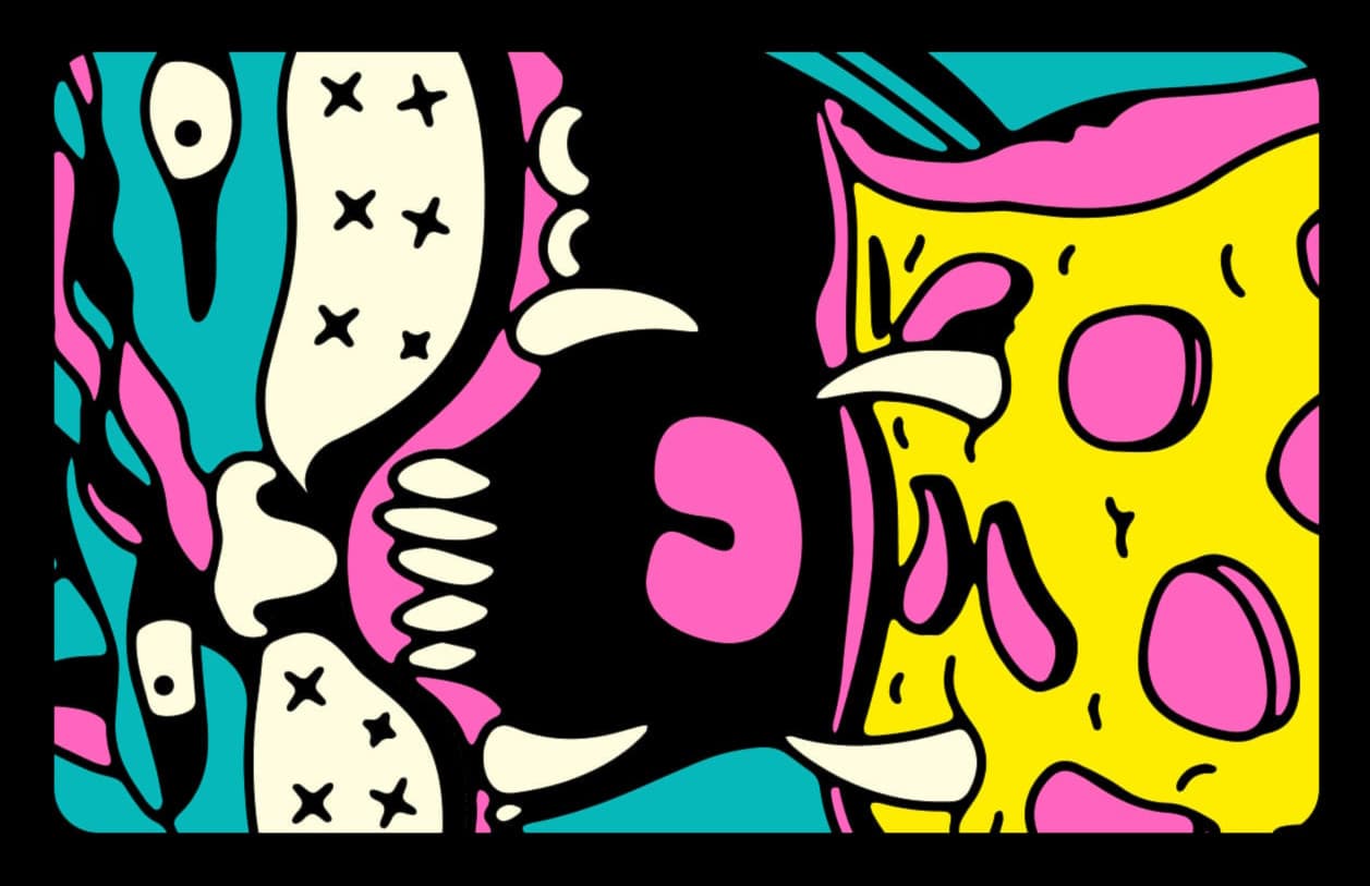 Vibrant pop-art illustration of a blue and pink tiger about to eat a pizza slice.