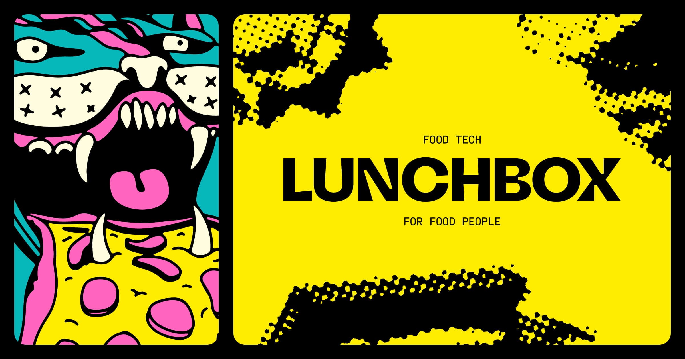 Graphic monster illustration next to LUNCHBOX Food Tech text on a yellow textured background.