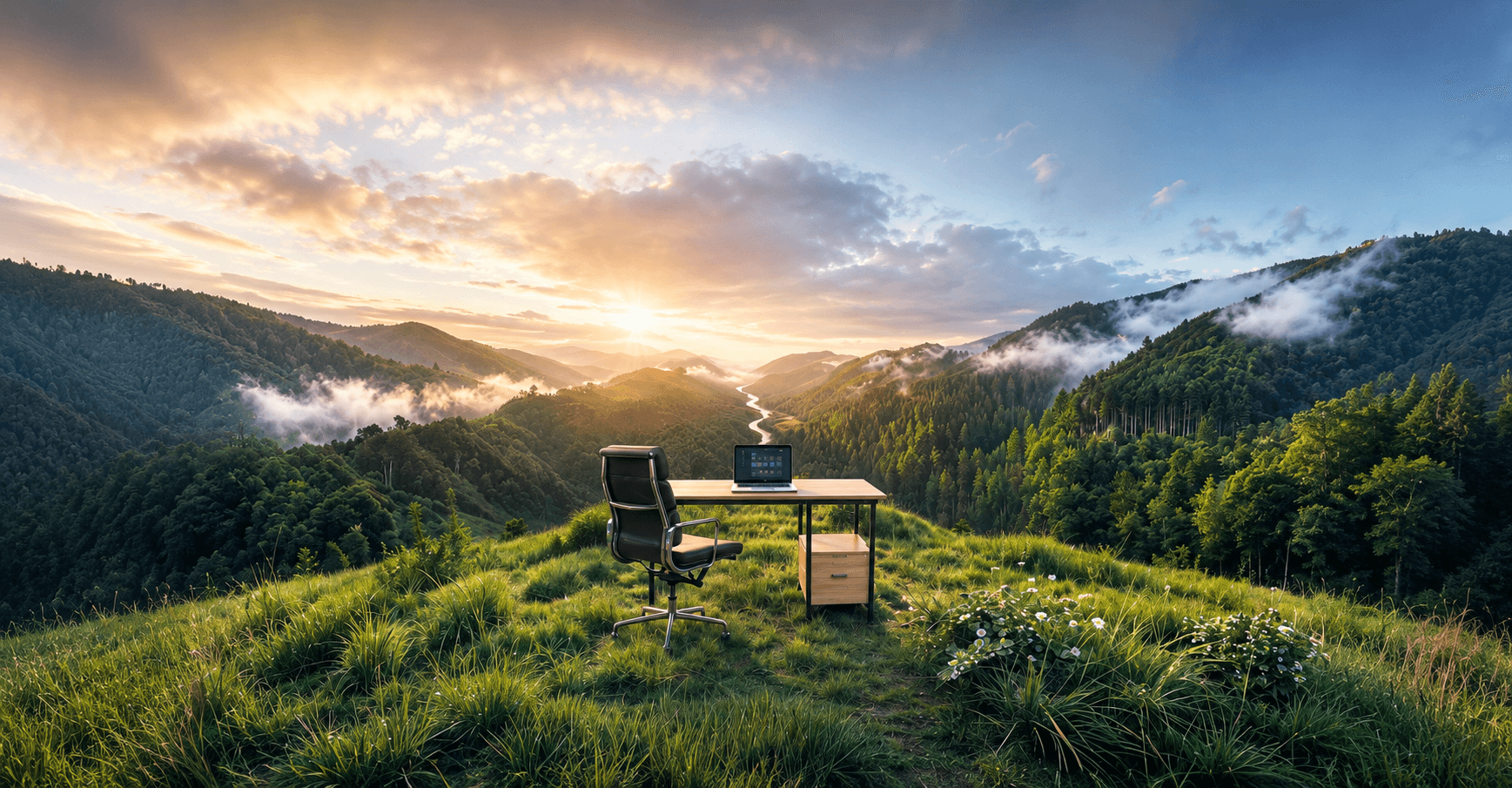 Outdoor office setup on a grassy hill overlooking a misty mountain valley at sunset.