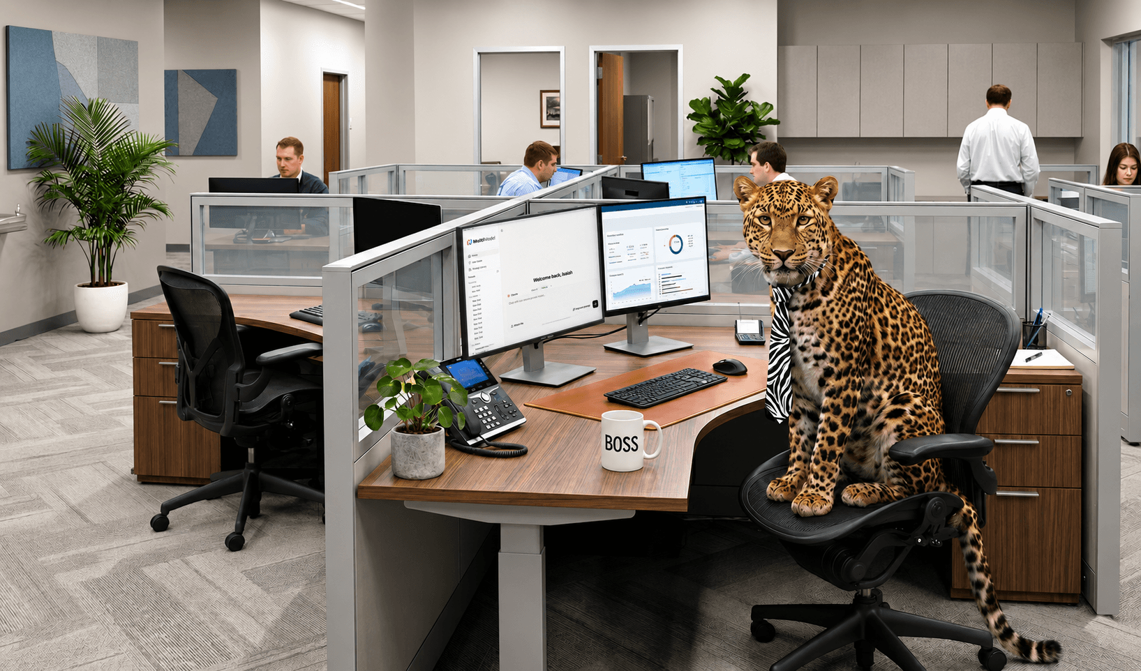 Leopard wearing a zebra-print tie sits at a cubicle desk with a 'BOSS' mug.
