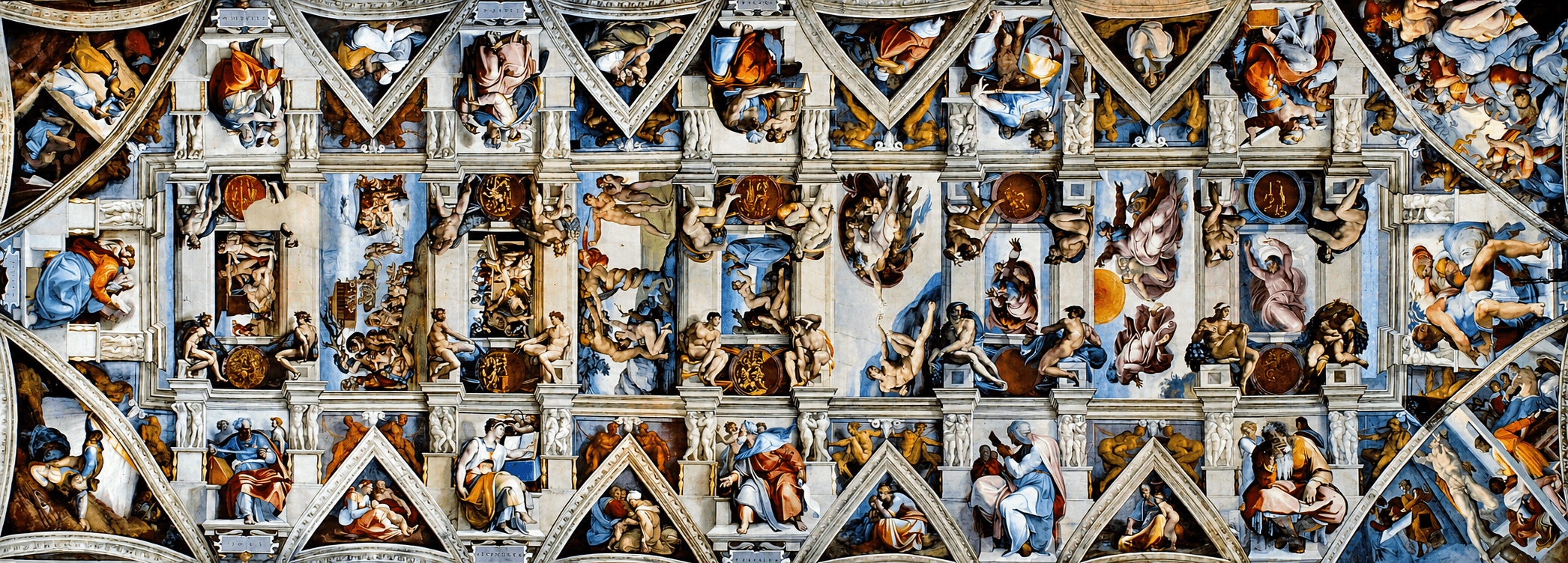 Michelangelo's Sistine Chapel ceiling frescoes depicting biblical stories with numerous figures in architectural frames.